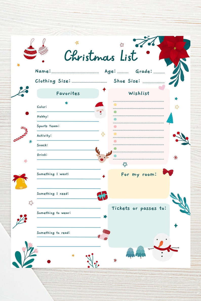 Kids Christmas Wish List, Printable Gift Wish List, Children's X-Mas Wish List, Kids Holiday Wish List, Letter To Santa, Instant Download image 2