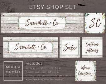 Shop Banner Woodland, Wood Etsy Banner, Christmas Etsy Shop Banner, Farmhouse Shop Banner, Greenery Etsy Shop Banner, Floral Branding Set