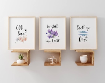 Religious Wall Art - Set of 3 Prints - Bible Verse Wall Art - Bible Verse Quotes - Floral Print Set - God Is Love