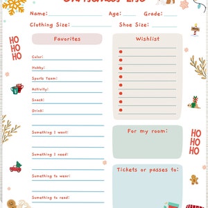 Kids Christmas Wish List, Printable Gift Wish List, Childrens X-Mas Wish List, Kids Holiday Wish List, Letter To Santa, Instant Download image 2