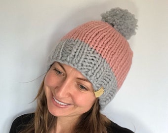 Fleece Lined handmade Hat Hand Knitted Bobble Hat, in pink grey, made with Sustainable Merino Wool