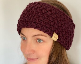 Fleece Lined Headband Hand Knitted Headband Ear Warmer, earmuff, in Dark Purple, made with Sustainable Merino Wool