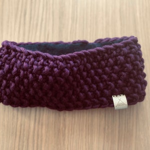 Fleece Lined Headband Hand Knitted Headband Ear Warmer, earmuff, in Dark Purple, made with Sustainable Merino Wool image 4