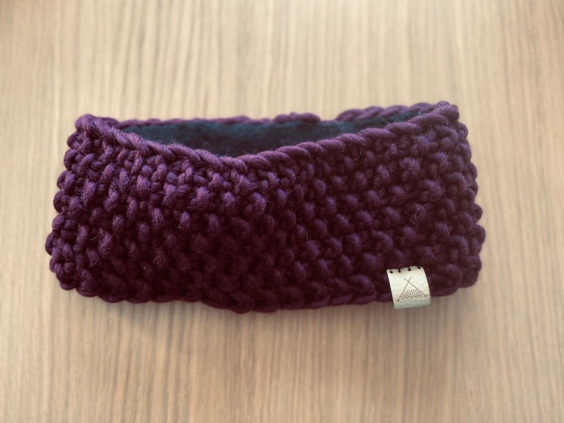 Fleece Lined Headband Hand Knitted Headband Ear Warmer, earmuff, in Dark Purple, made with Sustainable Merino Wool image 4