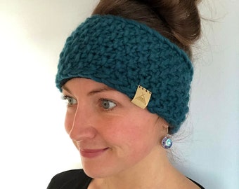 Fleece Lined Headband Hand Knitted Headband Ear Warmer, in Dark Teal Green, made with Sustainable Merino Wool