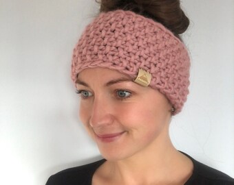 Fleece Lined Headband Hand Knitted Headband Ear Warmer, earmuff, in Light Pink, made with Sustainable Merino Wool