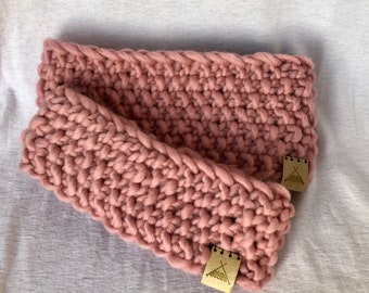 Matching parent and young child Fleece Lined Knitted Headbands Ear Warmer, earmuff, in Pink made with Sustainable Merino Wool