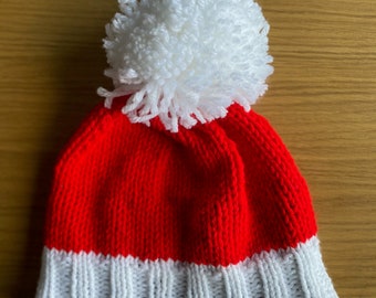 Christmas Bobble Hat Santa Father Christmas Red and White hand knitted handmade hat