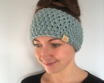 Fleece Lined Headband Hand Knitted Headband Ear Warmer, earmuff, in Light Teal, made with Sustainable Merino Wool