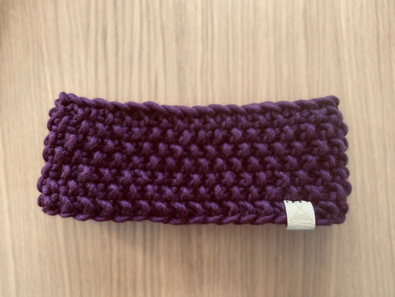 Fleece Lined Headband Hand Knitted Headband Ear Warmer, earmuff, in Dark Purple, made with Sustainable Merino Wool image 2