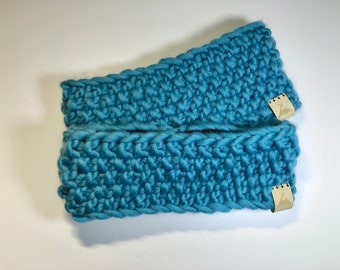 Matching parent and young child Fleece Lined Knitted Headbands Ear Warmer, earmuff, in Teal made with Sustainable Merino Wool