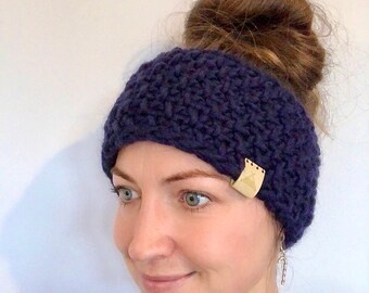 Fleece Lined Headband Hand Knitted Headband Ear Warmer, in Dark Navy Blue, made with Sustainable Merino Wool