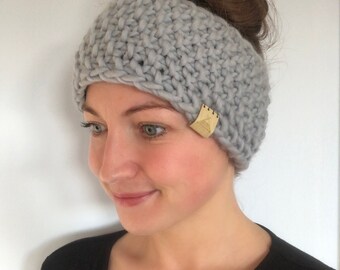 Fleece Lined Headband Hand Knitted Headband Ear Warmer, earmuff, in Light Grey, made with Sustainable Merino Wool