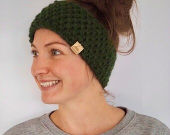 Fleece Lined Headband Hand Knitted Headband Ear Warmer, earmuff, in Dark Forest Green, made with Sustainable Merino Wool