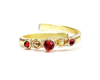 Pomegranate Crystal Ring, Gold Wire Wrapped, Adjustable