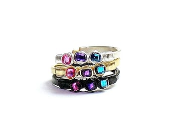 Bisexual Pride Ring, Seed Bead Wire Wrapped Adjustable Ring