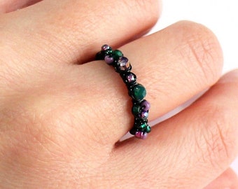 Dainty Dark Fairycore Beaded Adjustable Ring
