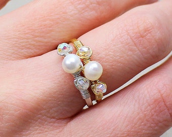 Simple Freshwater Pearl Wire Wrapped Adjustable Ring