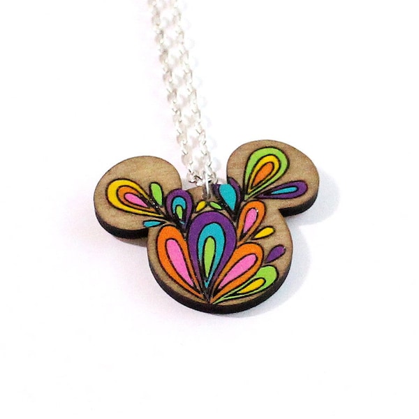 Abstract Retro Mickey Mouse Ears Rainbow Splatter Necklace, Disney necklace, Disney Jewelry for Women
