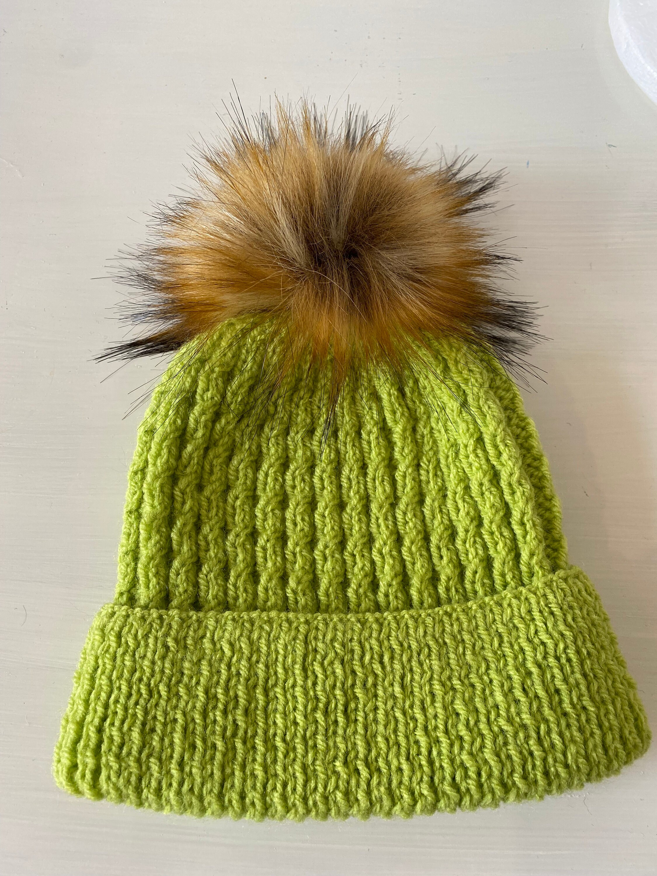 Hand Knit Lime Green Cabled Beanie, Faux Fur Pom Pom - Etsy display picture 2