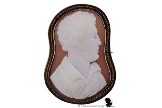 Victorian Shell Cameo Brooch: Lord Byron Portrait, 12kt Rose Gold