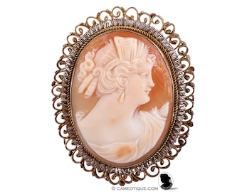Art Deco shell cameo. Shell cameo brooch. Vintage cameo pin. Goddess Psyche cameo. Estate jewelry. Vintage cameo pin. FREE  WORLD SHIPPING