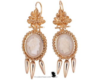 Victorian cameo earrings in ornate 24kt gold cannetille settings. FREE WORLDWIDE SHIPPING.