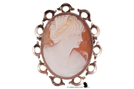 Broche Vintage Plaquée Or Avec Camée Coquillage Et Poinçon Trèfle - Bijou Ancien
