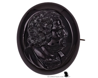 Antique Victorian Whitby Jet Brooch Pin Cameo Flower Large Big
