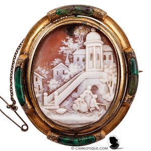 Victorian Shell Cameo Brooch: Rebecca and the Well, Mourning Photo