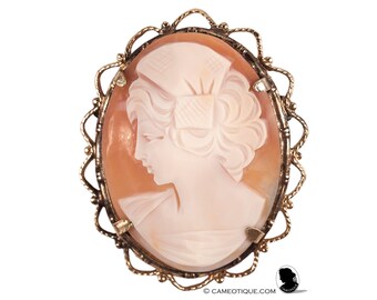 Art Deco shell cameo brooch of a left-facing maiden's bust. FREE WORLDWIDE SHIPPING.