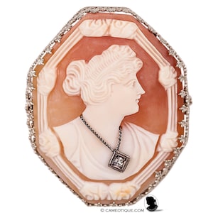 Art Deco shell cameo with diamond in 14kt white gold mount.  FREE WORLDWIDE SHIPPING.