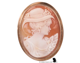 Vintage Carnelian Shell Cameo Brooch Pendant: 9kt Gold Art Deco Jewelry