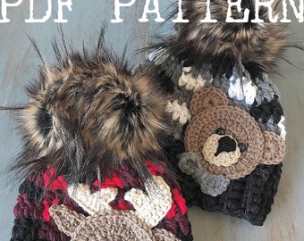 Crochet Pattern - INSTANT PDF DOWNLOAD - Crochet Patterns - Baby Beanie Patterns - Plaid Hat Pattern - Moose Pattern - Bear Pattern - Plaid