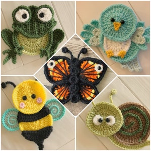 Crochet Pattern - INSTANT PDF DOWNLOAD - Crochet Garden Friends - Bumble Bee - Frog - Bird - Snail - Butterfly - Crochet Appliqués