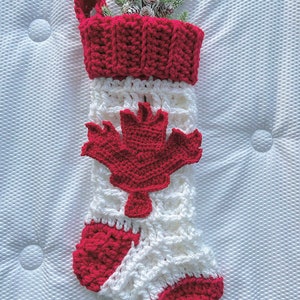 May include: A white and red crocheted Christmas stocking with a Canadian maple leaf design. The stocking is filled with a small pine sprig.