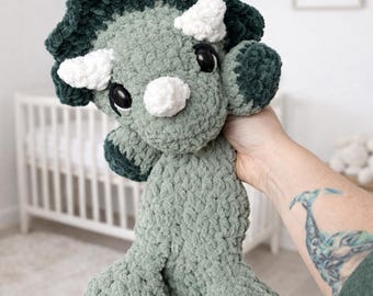 Crochet Dinosaur Plushie - Stuffed Animals - Nellas Cottage - Dinosaur Toy - Baby Dinosaur - Triceratops Snuggler - Crochet - Dino Snuggler