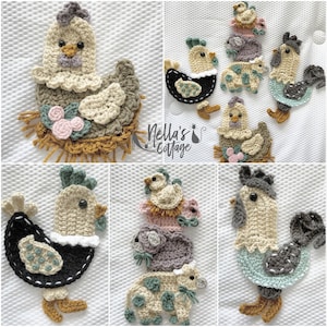 May include: A selection of handmade crochet farm animal appliques, featuring chickens, a rooster, a cow, and a lamb. The appliques are in various colours such as beige, black, grey, and pink, with detailed stitching and decorative elements.