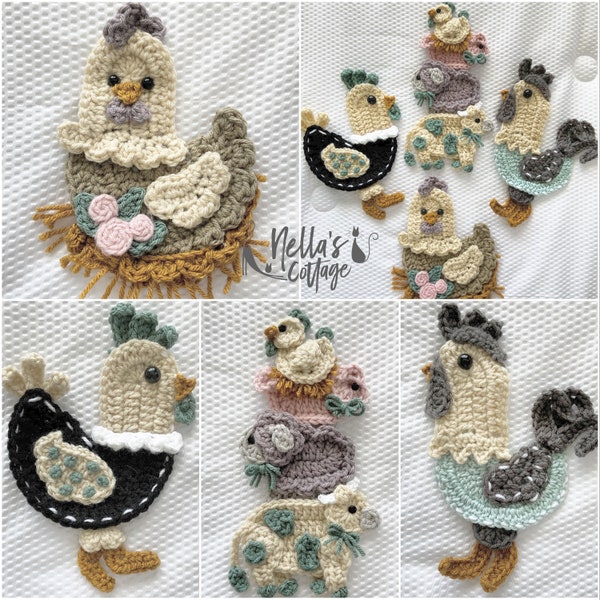 Crochet Pattern - INSTANT PDF DOWNLOAD - Country Chickens - Nellas Cottage - Chicken Appliques - Country Farmhouse - Chicken - Farm Girl