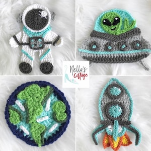 May include: Four crocheted space-themed ornaments: an astronaut, a UFO with an alien, a rocket, and a planet Earth. The ornaments are made with gray, green, blue, white, and orange yarn.