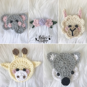 May include: Five crocheted animal appliques, including a grey elephant, a white llama, a yellow giraffe, a grey wolf, and a pink and purple flower garland. The appliques are all handmade and feature detailed facial features.