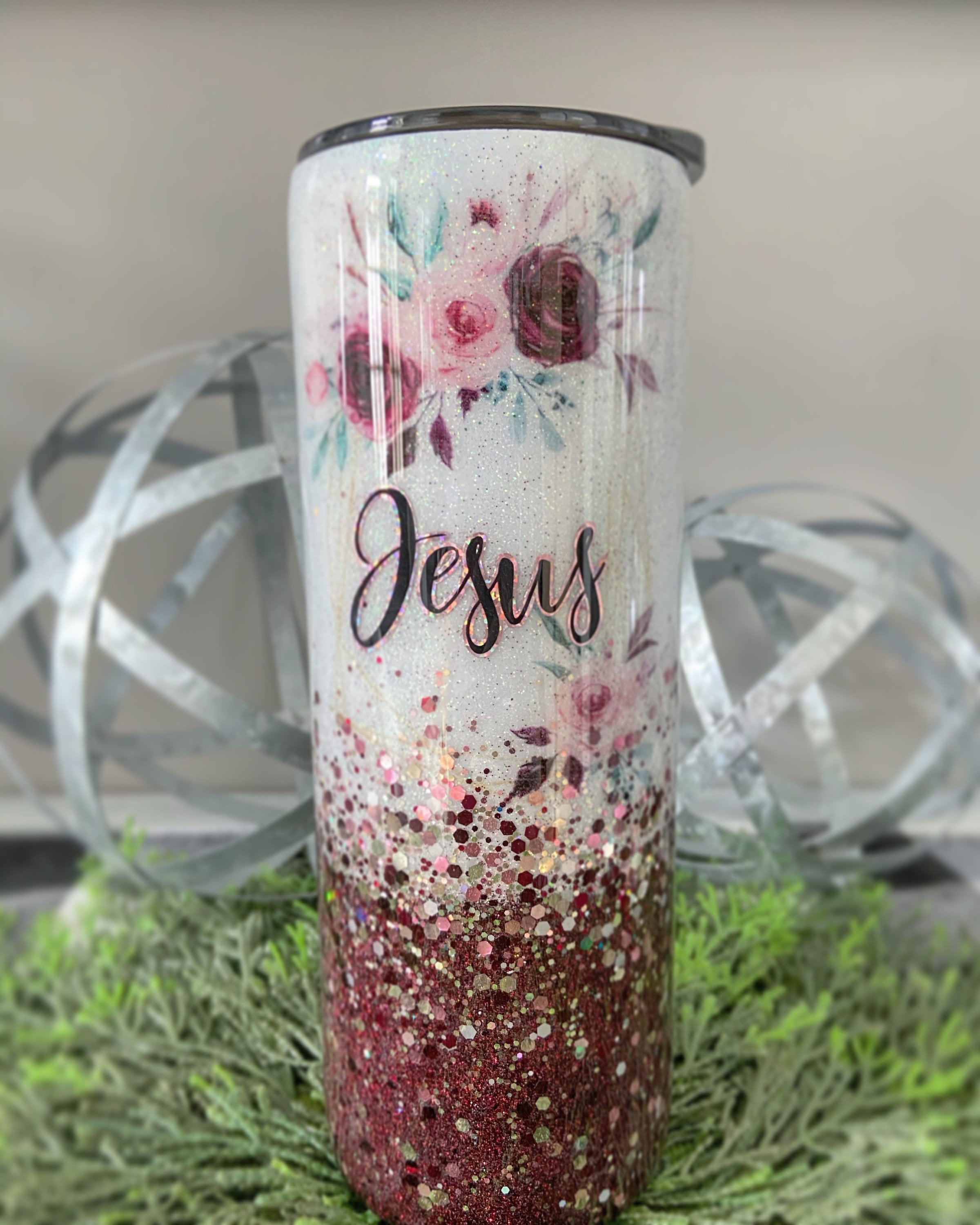 Custom Personalized Rose Gold And Pink Glitter Tumbler Cup With