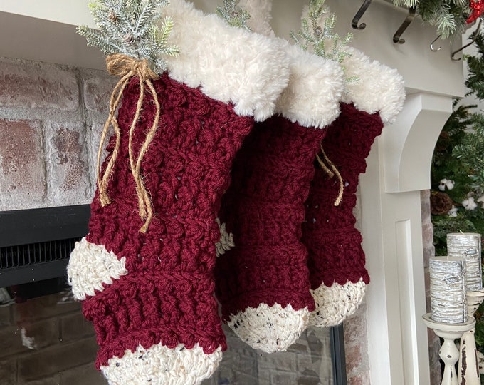 Featured listing image: Burgundy/Oatmeal Luxury Crocheted Christmas Stocking