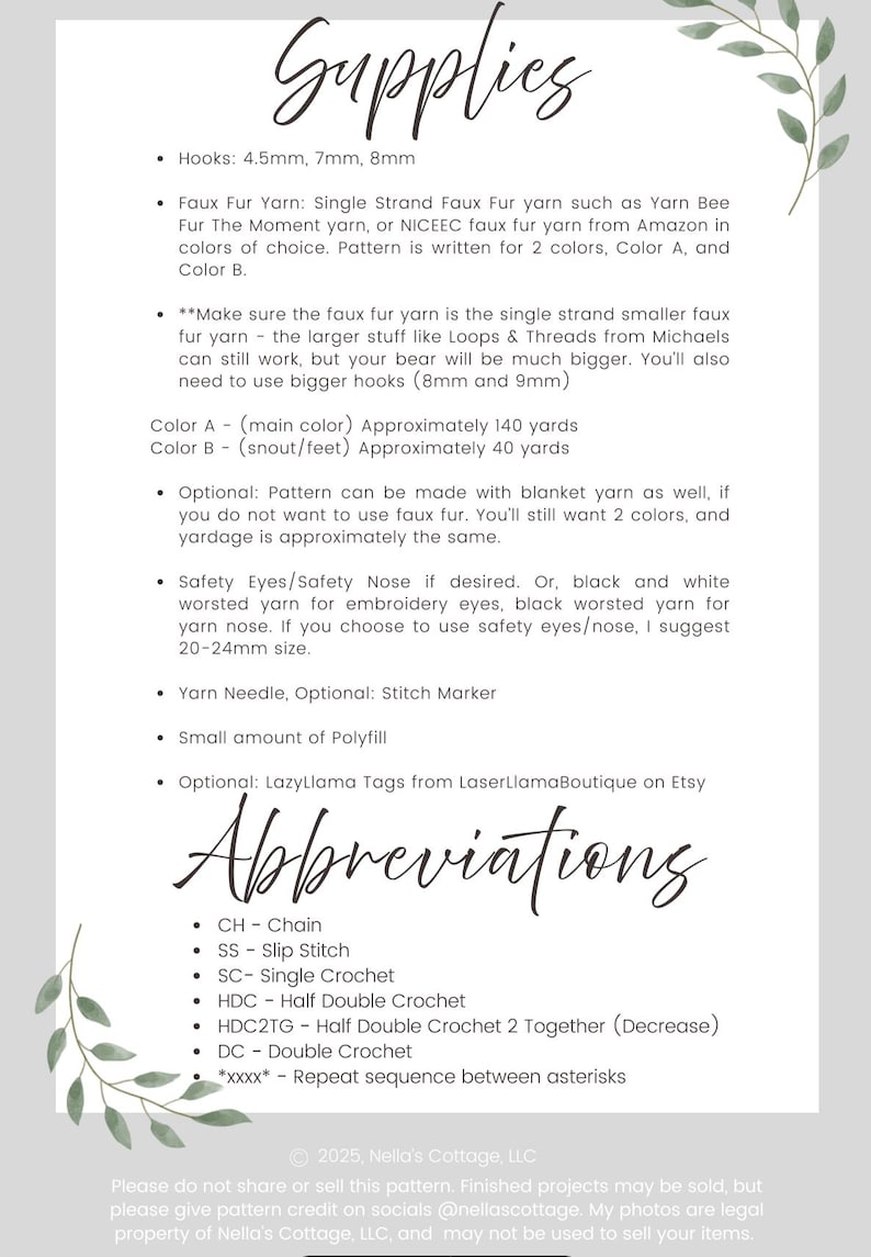 May include: A crochet pattern supply list with the title "Supplies" in elegant script. The list includes crochet hooks (4.5mm, 7mm, 8mm), faux fur yarn, safety eyes, yarn needle, polyfill, and abbreviations for crochet stitches. The text is on a white background.