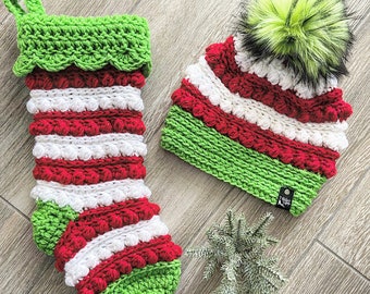 Crochet Pattern - INSTANT PDF DOWNLOAD - Nellas Cottage Patterns - Stocking - Christmas Stocking - Mistletoe Stocking - Mistletoe Beanie