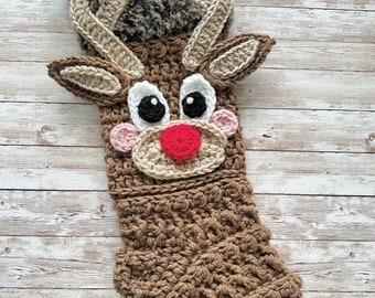 Crochet Pattern - INSTANT PDF DOWNLOAD - Crochet Stocking Pattern - Stocking - Christmas Stocking - Winter Rudolph - Nellas Cottage