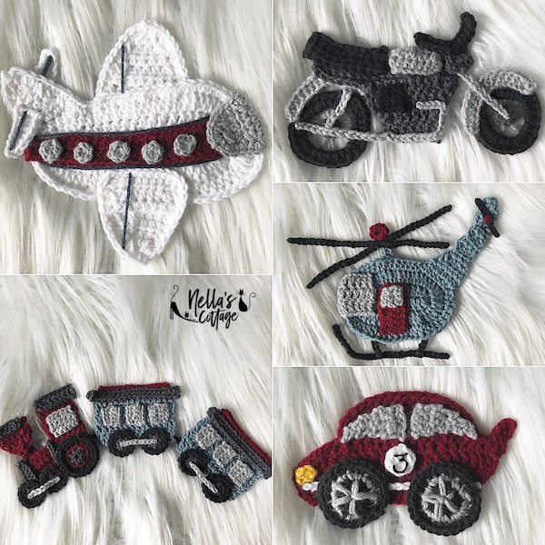 Crochet Pattern - INSTANT PDF DOWNLOAD - Crochet Race Car - Crochet Motorcycle - Crochet Airplane - Crochet Helicopter - Crochet Train