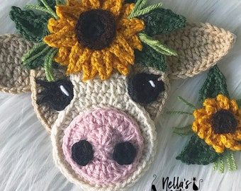 Crochet Pattern - INSTANT PDF DOWNLOAD - Crochet Cow - Boho - Boho Cow - Cow Pattern - Crochet Patterns - Applique Patterns - Sunflower