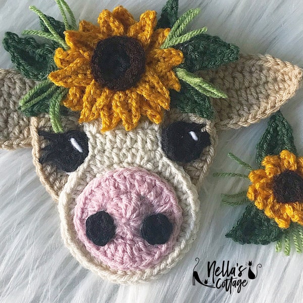 Crochet Pattern - INSTANT PDF DOWNLOAD - Crochet Cow - Boho - Boho Cow - Cow Pattern - Crochet Patterns - Applique Patterns - Sunflower