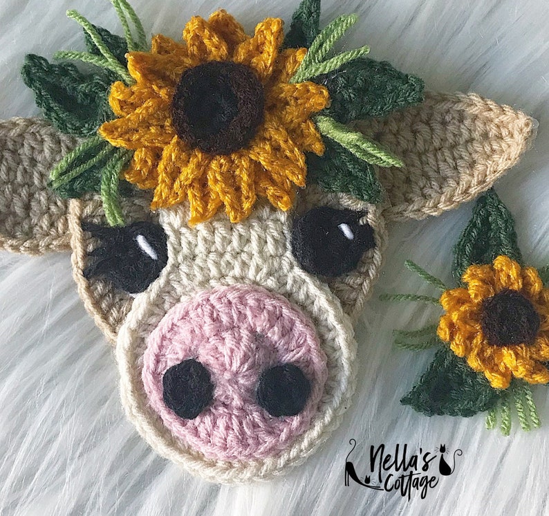 Crochet Pattern INSTANT PDF DOWNLOAD Crochet Cow Boho Boho Cow Cow Pattern Crochet Patterns Applique Patterns Sunflower image 1